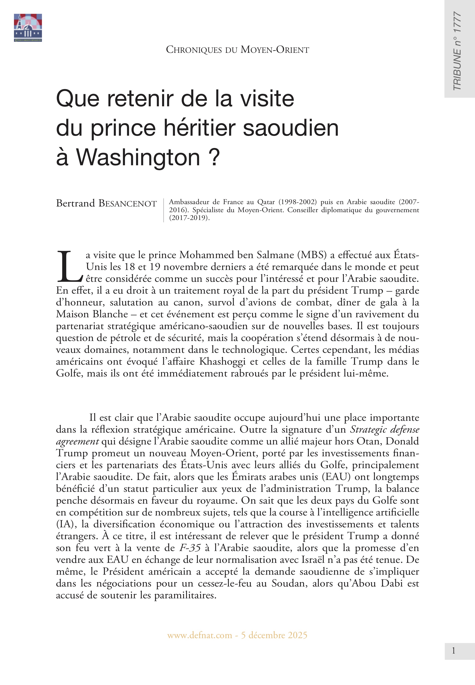 Chroniques du&nbsp;Moyen-Orient &ndash;&nbsp;Que retenir de&nbsp;la&nbsp;visite du&nbsp;prince&nbsp;h&eacute;ritier&nbsp;saoudien &agrave;&nbsp;Washington&nbsp;? (T&nbsp;1777)
